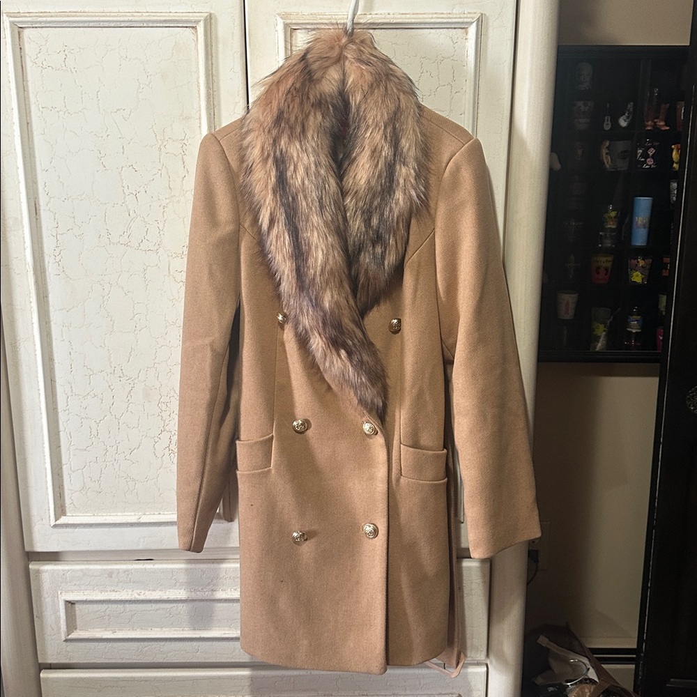 Guess Tan Pea Coat with Faux Fur Collar